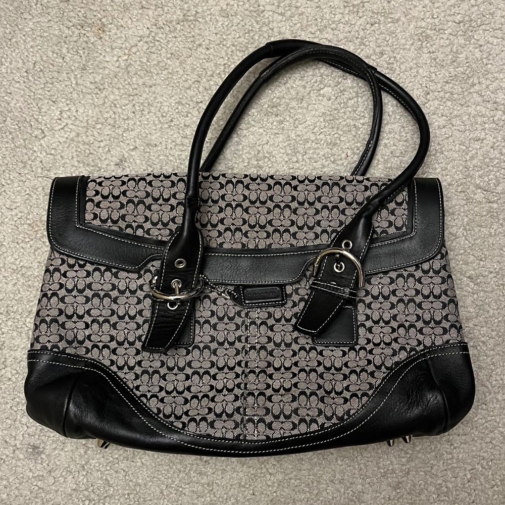 Coach Signature Jacquard Black Hobo Shoulder Bag Leather Trim FP 7080